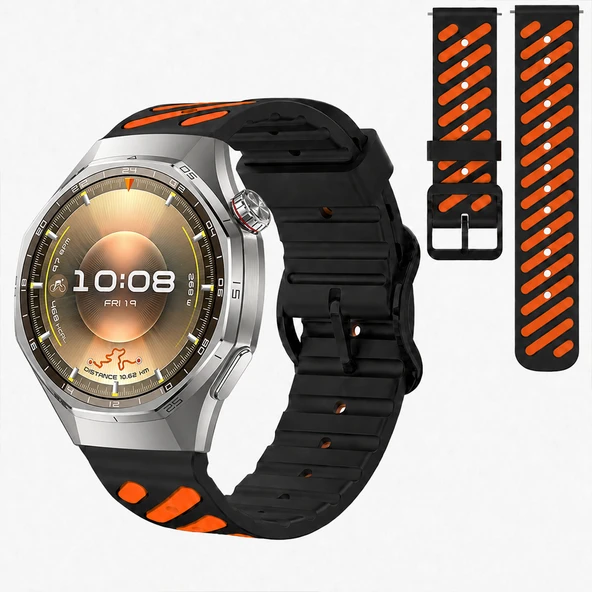 Huawei Watch GT 6 Pro 46 mm Uyumlu Çift Renkli Delikli Silikon Spor Kordon  Siyah ürün görseli 1