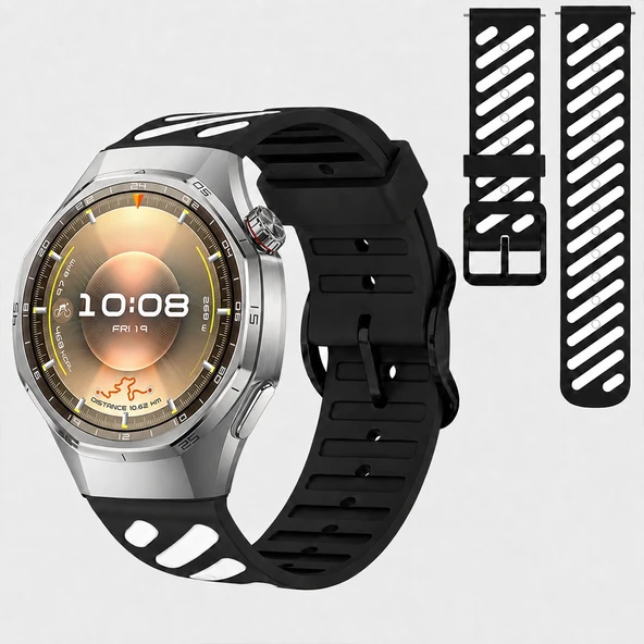 Huawei Watch GT 6 Pro 46 mm Uyumlu Çift Renkli Delikli Silikon Spor Kordon  Beyaz ürün görseli 1