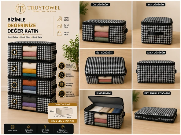 TRUYTOWEL 4'lü Fermuarlı Kazak Hurcu 65x45x22 cm Dolap Düzenleyici Giysi Saklama Hurcu Çok Amaçlı Organizer ürün görseli 1
