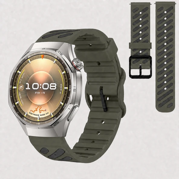 Huawei Watch GT 6 Pro 46 mm Uyumlu Çift Renkli Delikli Silikon Spor Kordon  Haki ürün görseli 1