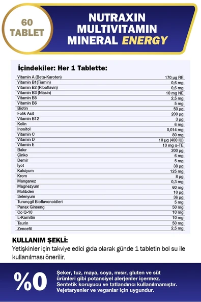 Nutraxin Multivitamin Mineral Energy 60 Tablet - Resim 2