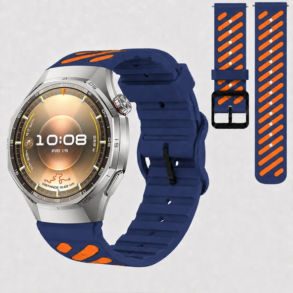 Huawei Watch GT 6 Pro 46 mm Uyumlu Çift Renkli Delikli Silikon Spor Kordon  Lacivert ürün görseli 1