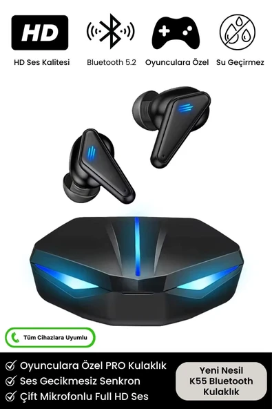 K55 Tws Pro Oyuncu Kulaklığı 3D Stereo Ses Extra Bass Işıklı Mikrofonlu Bluetooth Kablosuz Kulaklık ürün görseli 1