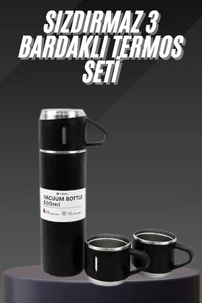 Termos Seti Paslanmaz Çelik 3 Bardaklı Vakumlu Termos Set 500 Ml 12 Saate Kadar Isı Koruma ürün görseli 1