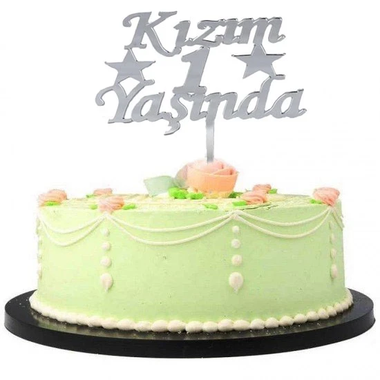 Kızım 1 Yaşında İlk Yaş Doğum Günü Partisi Pleksi Pasta Süsü Gümüş Renk ürün görseli 1