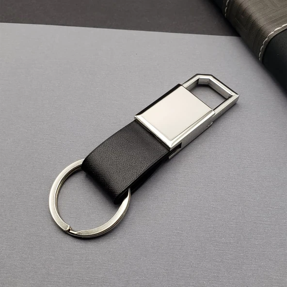 Deri Siyah Gümüş Metal Anahtarlık ürün görseli 1