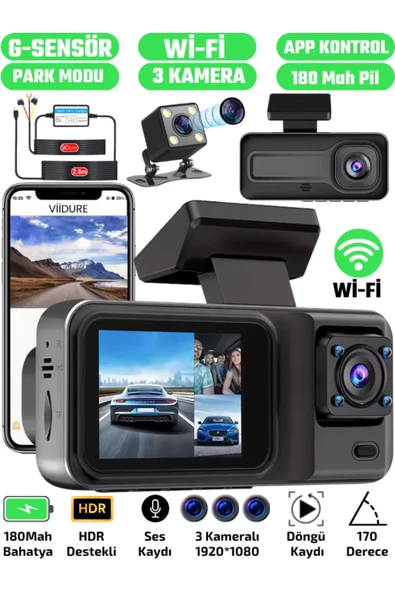 A-98 WiFi Full HD 3 Kameralı Araç İçi Güvenlik Kamerası + Park Modu Kablosu Ön-Arka-İç Kayıt,DashCam ürün görseli 1