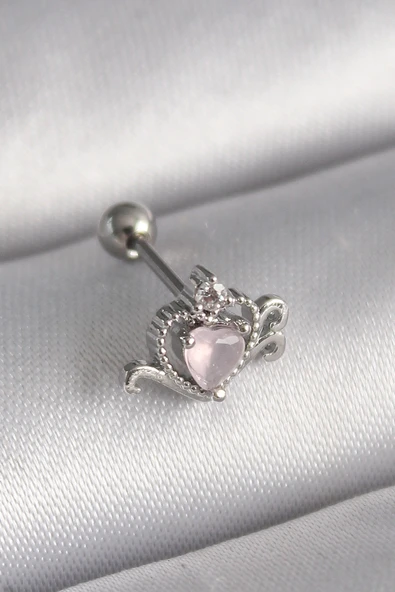 316L Çelik Gümüş Renk Pembe Mineli Kalp Zirkon Taş Detay Tragus Piercing ürün görseli 1