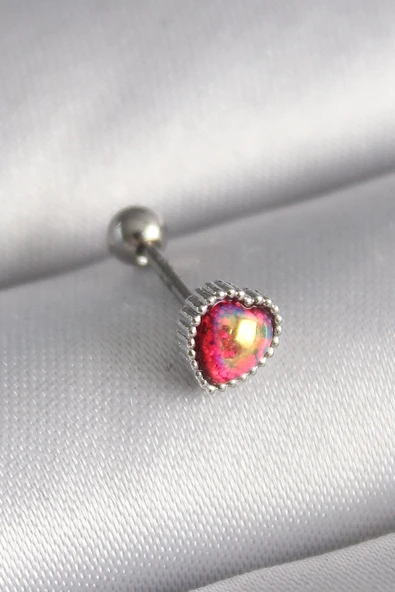 316L Çelik Gümüş Renk Kırmızı Mineli Kalp Tragus Piercing ürün görseli 1