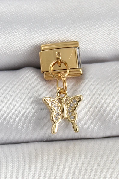 316L Çelik Sallantılı Zirkon Taşlı Kelebek Model Gold Renk Nomination Charm ürün görseli 1