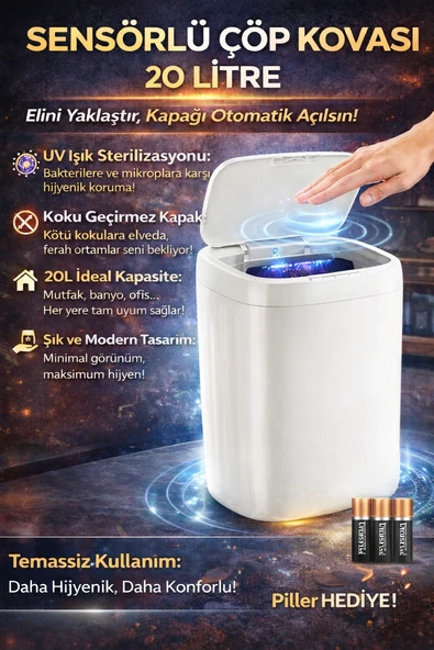 Akıllı Sensörlü UV Işıklı 20 Litre Çöp Kovası - Mutfak, Banyo, İşyeri ve Ofis Kullanımı ürün görseli 1