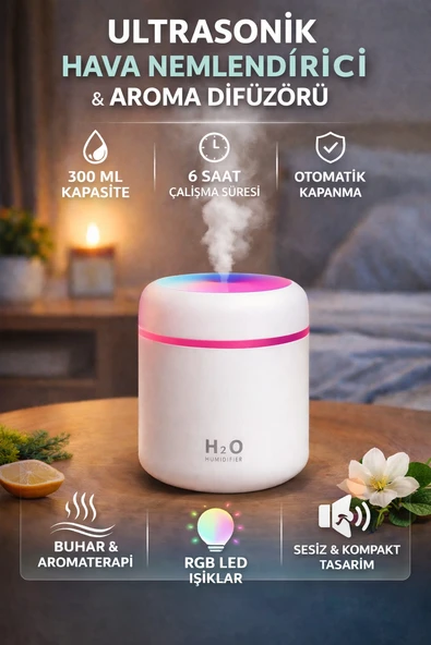 300 ML Ultrasonik LED Işıklı Hava Nemlendirici Aroma Difüzörü ürün görseli 1