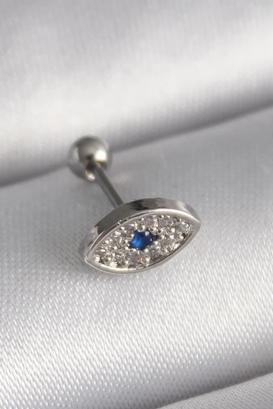 316L Çelik Gümüş Renk Zirkon Taşlı Göz Tragus Piercing ürün görseli 1
