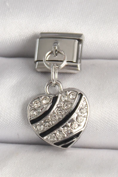 316L Çelik Gümüş Renk Zirkon Taşlı Kalp Model Nomination Charm ürün görseli 1