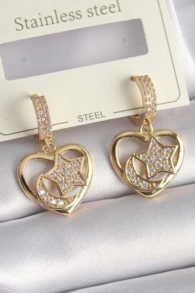 Pirinç Gold Renk Zirkon Taşlı Kalp Model Ay Yıldız İşleme Kadın Küpe ürün görseli 1