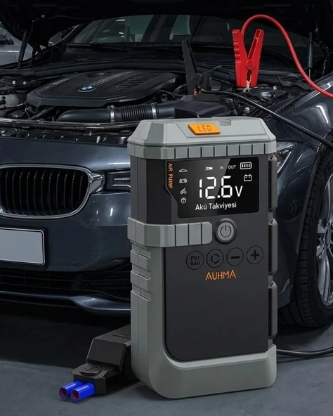 Taşınabilir Araç Çalıştırma Jump Starter Hava Pompası Dijital Basınç Göstergeli Güç Bankası ürün görseli 1