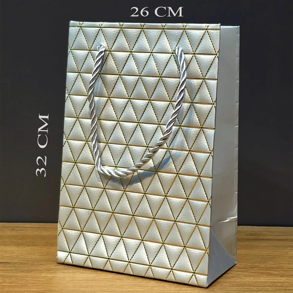 Gümüş Geometrik Desenli Büyük Boy Karton Hediye Çantası ürün görseli 1