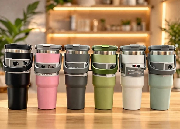 Renkli 700 ml Taşıma Kulplu Paslanmaz Çelik Termos Mug Bardak ürün görseli 1