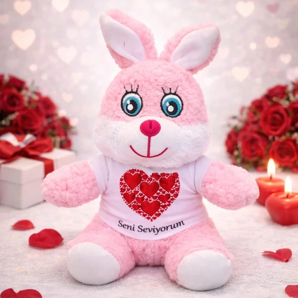 Seni Seviyorum Tişörtlü Pembe Peluş Tavşan ürün görseli 1