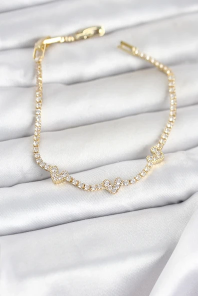 Pirinç Gold Renk Kalp Model Zirkon Taşlı Su Yolu Kadın Bileklik ürün görseli 1