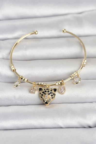 Pirinç Gold Renk Leopar Detaylı Charmlı Kadın Bileklik ürün görseli 1