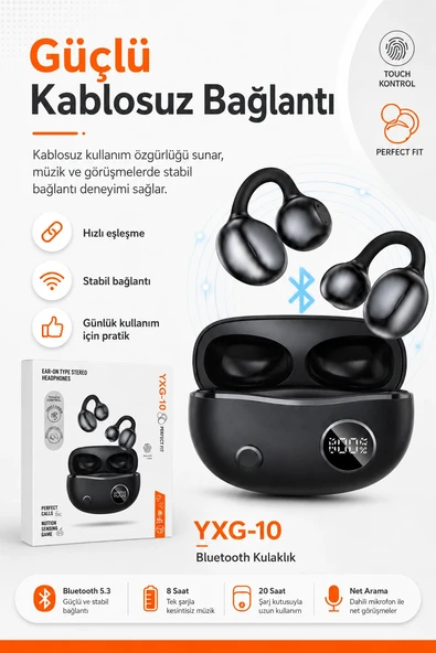 Kulak Üstü Klipsli Kablosuz Stereo Kulaklık Dokunmatik Kontrollü Şarj Kutulu ürün görseli 1