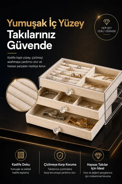Üç Çekmeceli Kadife Takı Düzenleyici Şeffaf Kapaklı Mücevher Saklama Kutusu ürün görseli 1