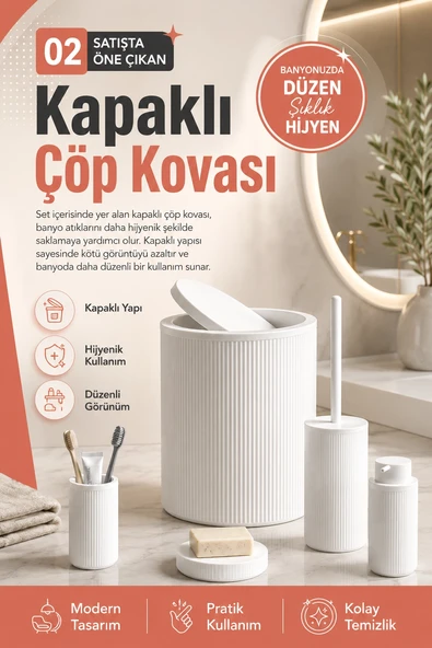 Çizgili Desenli Beyaz 5 Parça Banyo Seti Sıvı Sabunluk Sabunluk ve Diş Fırçalık ürün görseli 1
