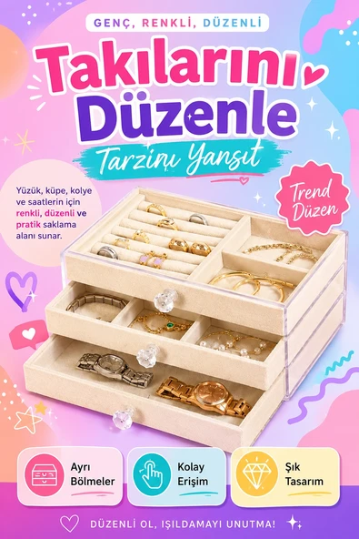 Kadife Kaplamalı Şeffaf Takı Kutusu Çekmeceli Saat Yüzük Kolye Organizeri ürün görseli 1