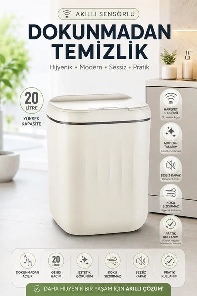 Akıllı Sensörlü 20 Litre Çöp Kovası Sessiz Kapaklı Modern Hijyenik Ev Tipi Çöp Kutusu ürün görseli 1