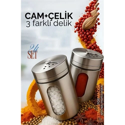 Cam+Çelik Tuzluk Biberlik Karabiberlik 3 Farklı Delikli 2 li SET 721944 ürün görseli 1