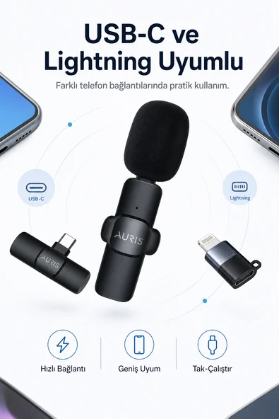 USB-C ve Lightning Uyumlu Kablosuz Yaka Mikrofonu Tak Çalıştır Telefon Ses Kayıt Seti ürün görseli 1