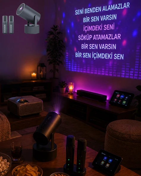 Bluetooth Hoparlörlü Akıllı Projektör Kablosuz Karaoke Mikrofonlu ürün görseli 1