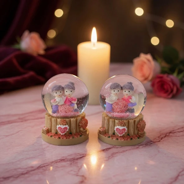 Işıklı Mini Kar Küresi - Çift Temalı - Pilli - Dekoratif - Romantik Hediyelik ürün görseli 1