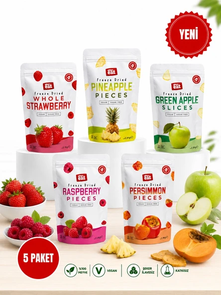 Evereat Freeze Dry Meyve Cipsi 5'li Set Çilek Ananas Frambuaz Cennet Hurması Elma Kurutulmuş Meyve ürün görseli 1