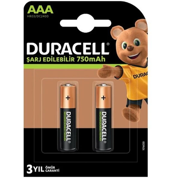 Duracell 750 Ma Şarjlı AAA İnce Kalem 2'Li Pil HR03/DC2400 ürün görseli 1