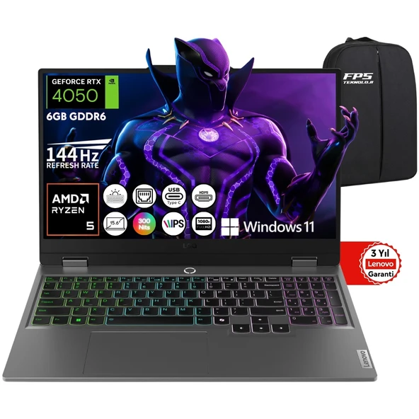Loq Ryzen 5 7235HS RTX4050 12GB Ram 512GB SSD 15.6" IPS Fhd 144Hz W11 83JC00H4TR Taşınabilir Bilgisayar ürün görseli 1