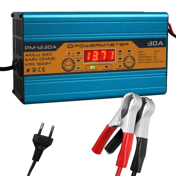 Powermaster PM-1230A 12 Volt 30 Amper LCD Ekranlı Akıllı Akü Şarj Cihazı ürün görseli 1