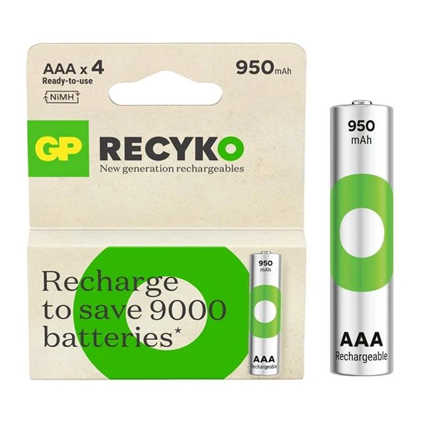 GP Recyko 950Mah Ni-MH AAA Şarjlı İnce Kalem Pil 4'Lü Paket ürün görseli 1