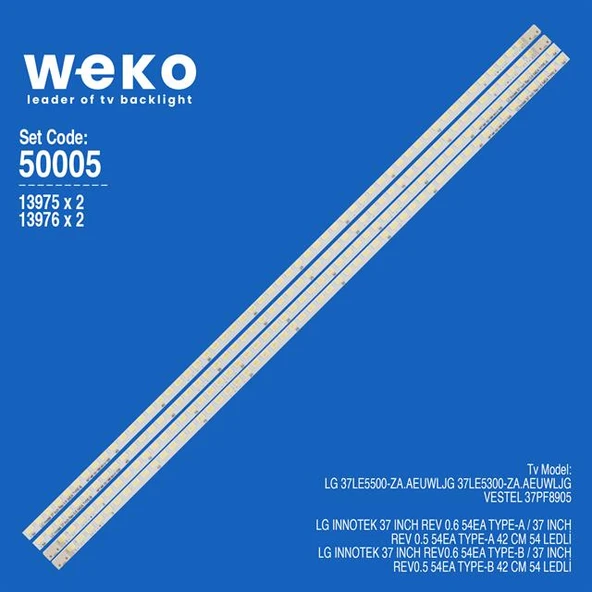 Wkset-5005 13975X2 13976X2 Lg Innotek 37 Inch Rev 0.6 54Ea 4 Adet Led Bar (54Led) (Tvnizi açıp içindeki led barla birebir aynısı olduğunu görmeden almayınız. Sonrasında iade ALMAMAKTAYIZ.) ürün görseli 1