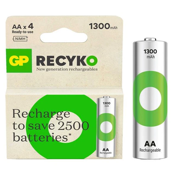 GP Recyko 1300Mah NI-MH R6 Şarjlı AA 4'Lü Kalem Pil ürün görseli 1