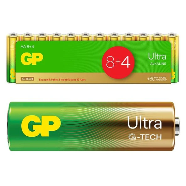 GP G-Tech 8+4 12Li Paket AA Alkalin Kalem Pil (8 Adet Fiyatına 12 Adet Pil) ürün görseli 1