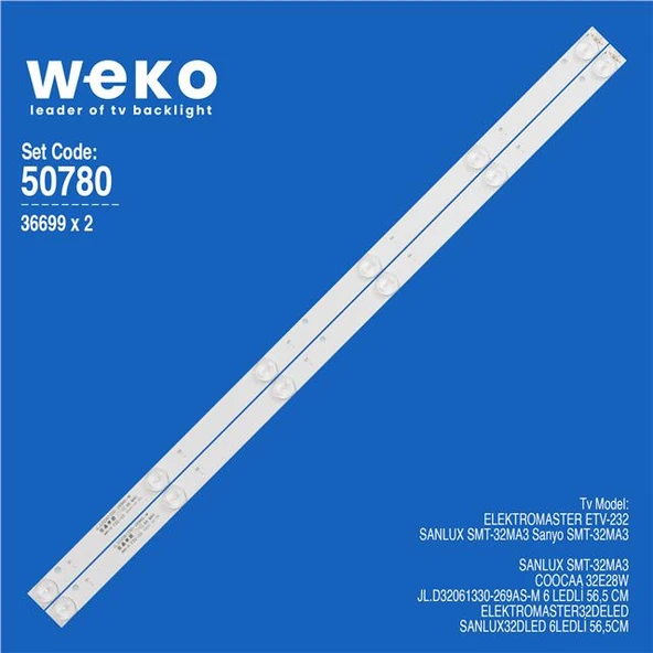 Wkset-5780 36699X2 Jl.D32061330-269As-M 6 Ledli 56,5 Cm 3V  2 Adet Led Bar (Tvnizi açıp içindeki led barla birebir aynısı olduğunu görmeden almayınız. Sonrasında iade ALMAMAKTAYIZ.) ürün görseli 1