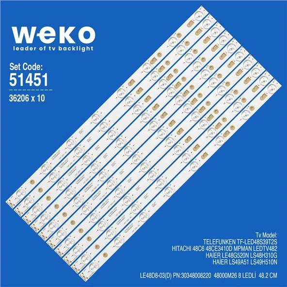 Telefunken TF-LED48S39T2S 48'' 10 Adet Tv Led Bar (Tvnizi açıp içindeki led barla birebir aynısı olduğunu görmeden almayınız. Sonrasında iade ALMAMAKTAYIZ.) ürün görseli 1