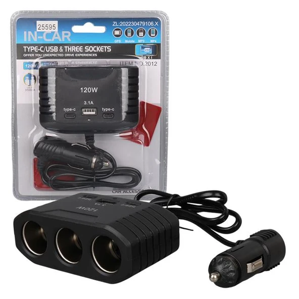 Olesson 2012 12-24V Çift TYPE-C - Tek USB Girişli 120W 80Cm Kablolu 3'LÜ Araç Çakmak Çoklayıcı ürün görseli 1