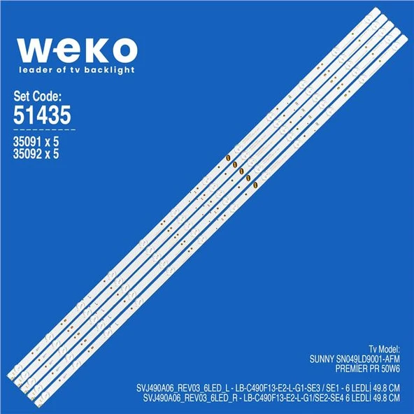 Wkset-6435 35091X5 35092X5 Svj490a06_Rev03_6Led_L/R Birleştirilmiş Led Kodu  5 Adet Led Bar (Tvnizi açıp içindeki led barla birebir aynısı olduğunu görmeden almayınız. Sonrasında iade ALMAMAKTAYIZ.) ürün görseli 1