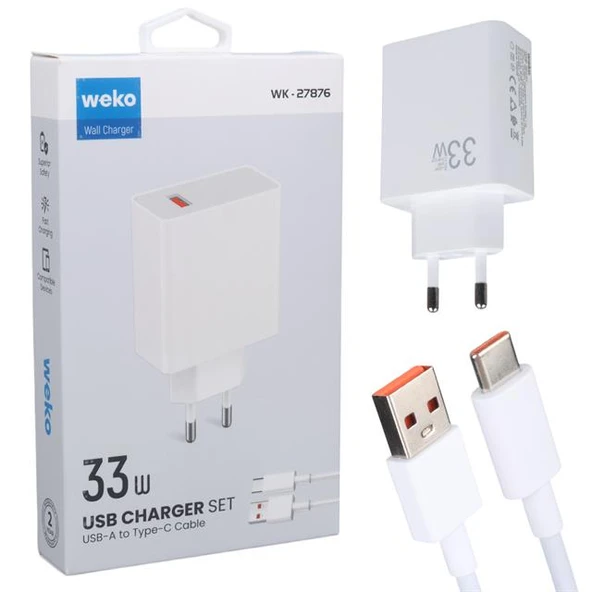 Weko WK-27876 M11 Beyaz 33 Watt Turbo Usb Şarj Başlık Adaptörü + Type-C Kablo ürün görseli 1