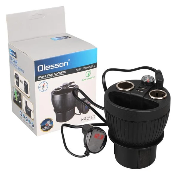Olesson 1640 12-24V Çift USB Girişli 120W 80Cm Kablolu Dijital Voltaj Ekranlı 2'Li Araç Çakmak Çoklayıcı ürün görseli 1