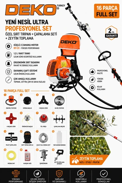 Deko 63CC Profesyonel Sırt Tırpanı 16 Parça Full Set | Zeytin Toplama Aparatı + Çapalama + Zincirli ürün görseli 1