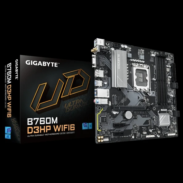 GIGABYTE B760M D3HP WIFI6, 4xDDR5, 2xM.2, DP, HDMI, VGA, Wi-Fi 6E, Bluetooth v5.3, 12-13.14.Nesil, LGA1700 Soket, Anakar ürün görseli 1